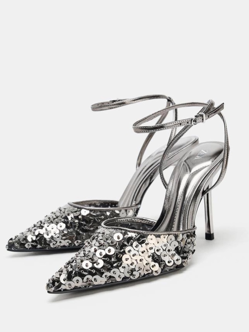 Zara Silver Sequined Pointed-Toe Strappy Heels. 10 (41). new